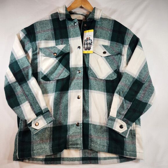 HFX Womens Flannel Shirt Jacket Size Small Green White Plaid Snap Up Pockets - Picture 1 of 16